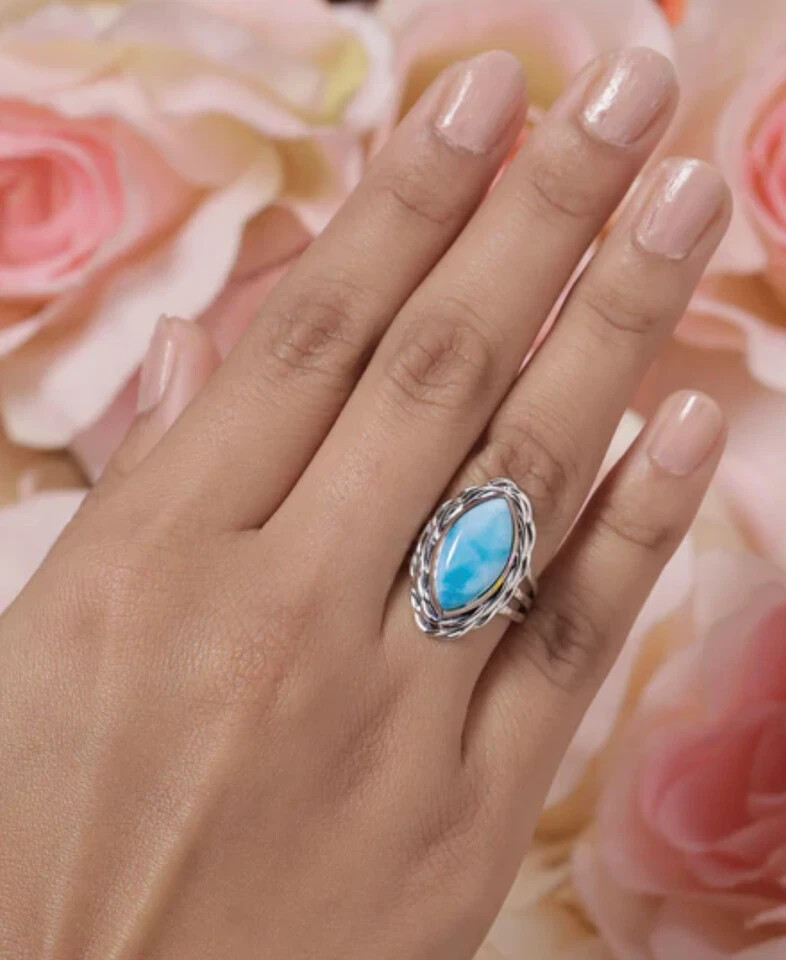 Natural Larimar Gemstone Ring Solid 925 Sterling Silver Handmade Pretty Ring MK*