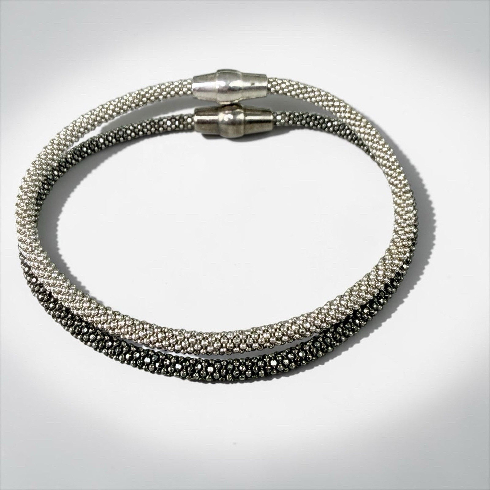 Sterling Silver 925 Popcorn Stacking Bracelet Lot Of 2 Italy Magnetic Clasp