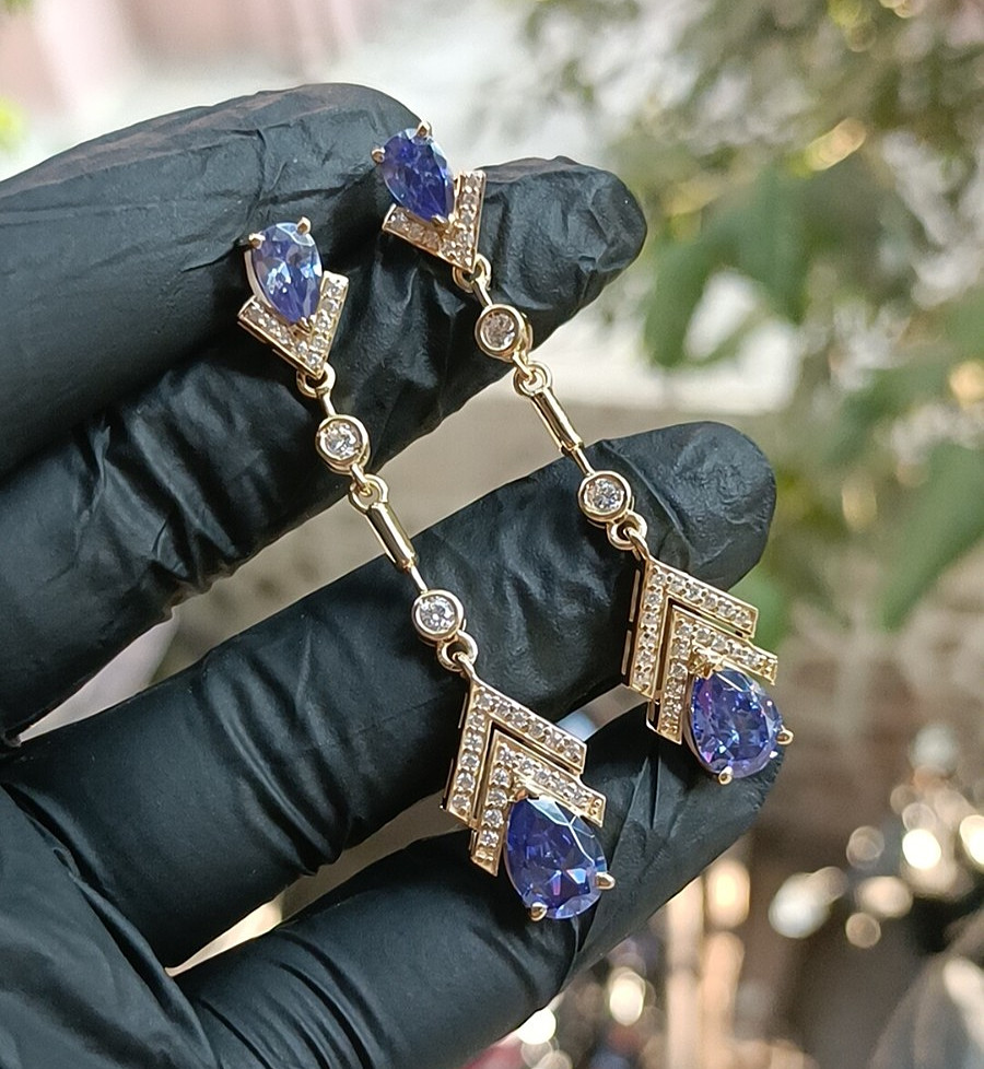 3Ct Pear Cut Lab Created Tanzanite Drop Dangle Earrings 14K Yellow Gold Plated