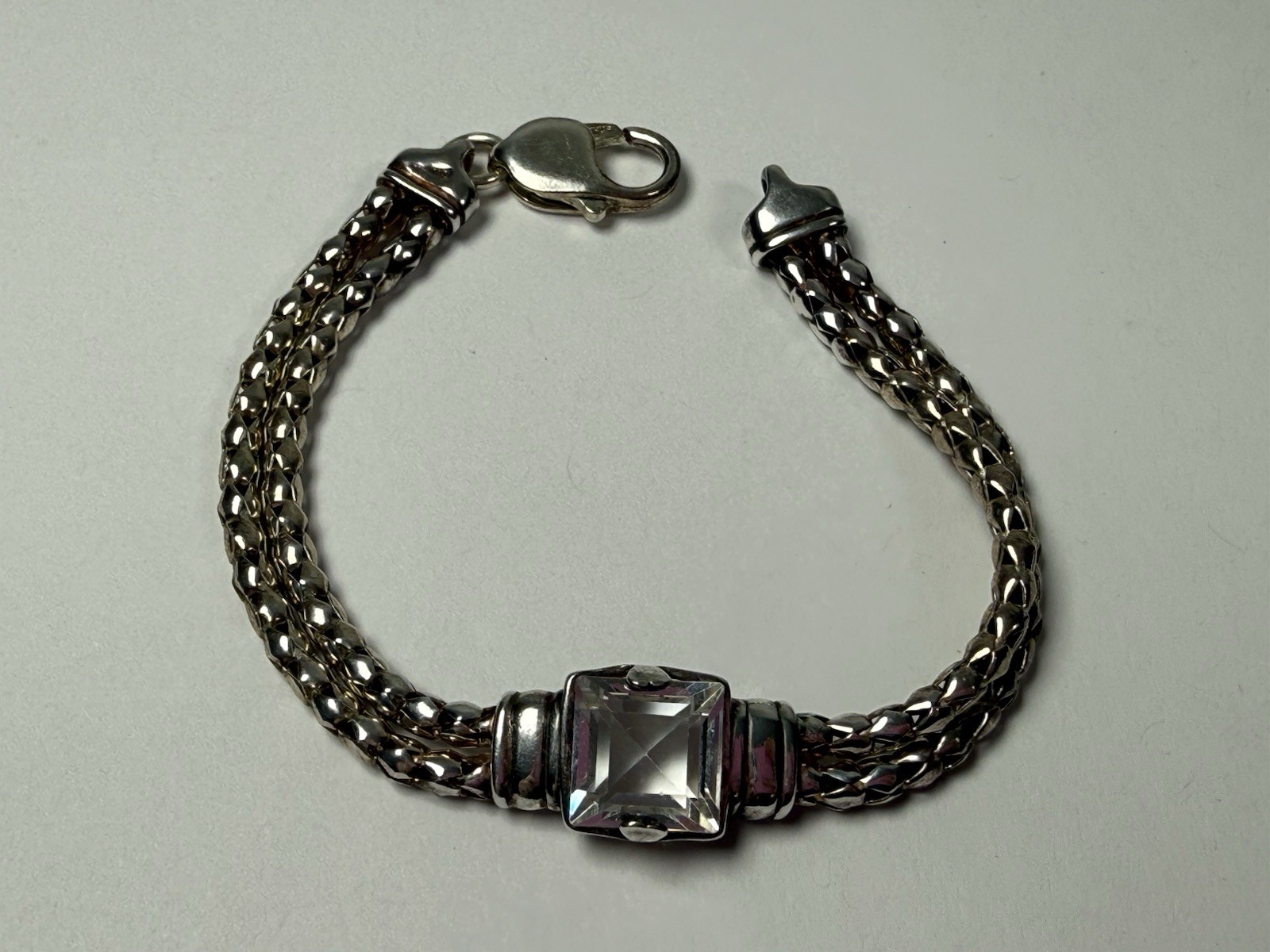 925 Sterling Silver Popcorn Double Chain 7” Bracelet Solitaire Clear Quartz