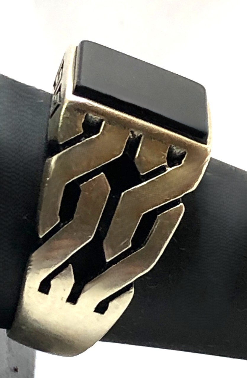 Sterling Silver Rectangle Flat Black Onyx Stone Open Link Shoulders Ring SZ 10.5