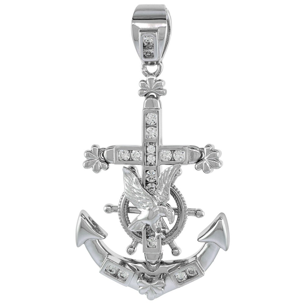 925 Sterling Silver CZ Anchor Mariner Eagle Cross Pendant 1 3/8 Inch (35mm) Tall