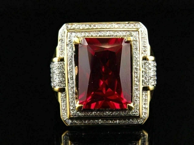 4Ct Emerald Cut Lab Created Red Ruby Men’s Halo Ring In 14K Yellow Gold Plated