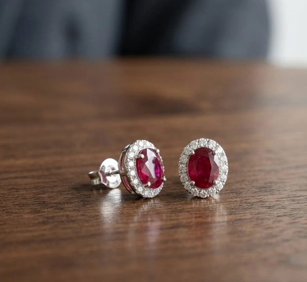 2.20TCW Oval Cut Lab Created Red Ruby 925 Sterling Silver Halo Stud Earrings