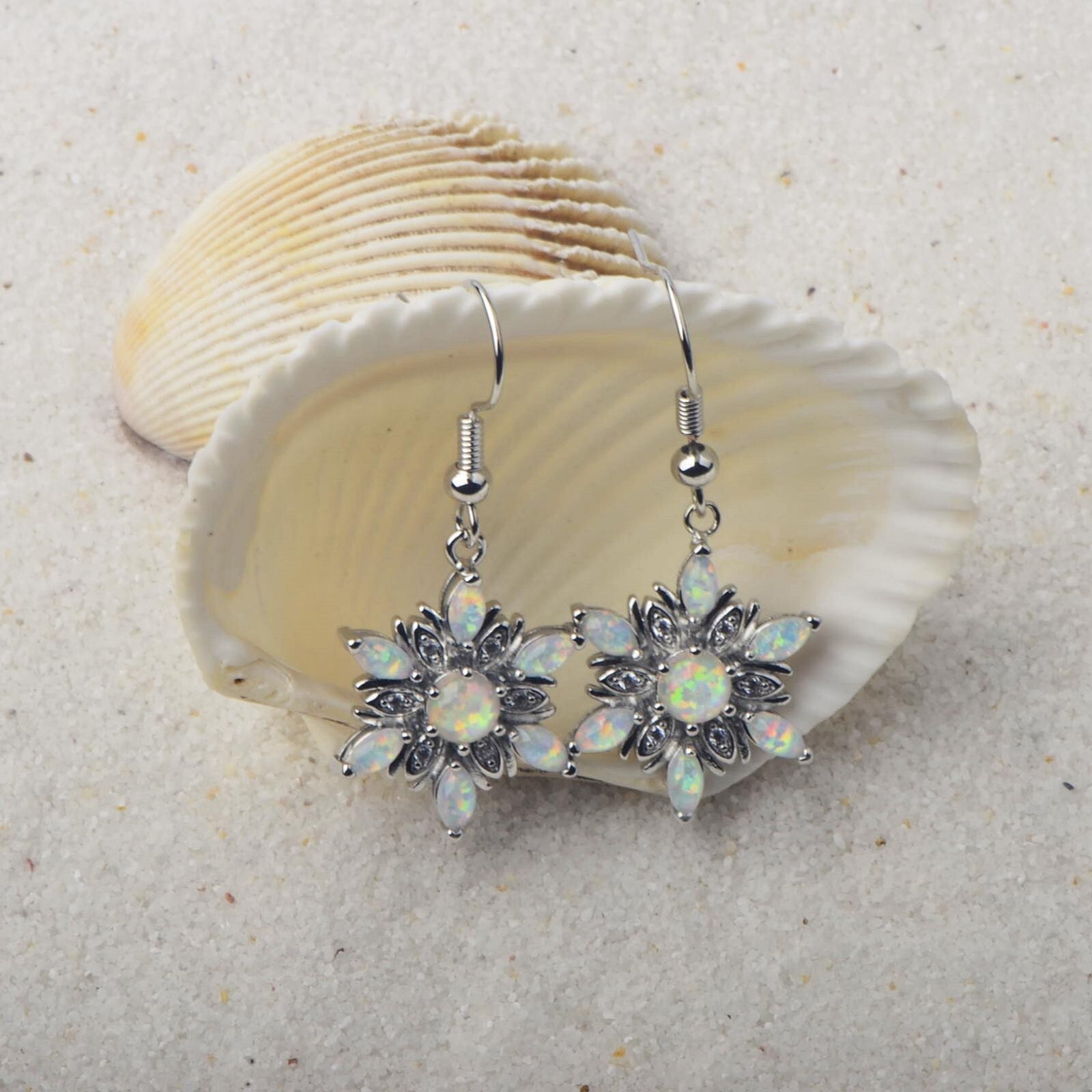 Hawaii Beach White Fire Opal Snowflake Earrings Silver Filled For Women Girls