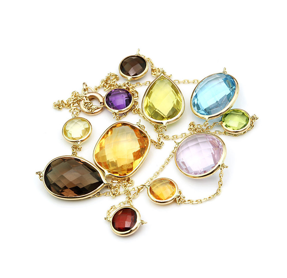 14K Yellow Gold Multi-Shaped and Multi-Colored Gemstone Necklace 24 Inches