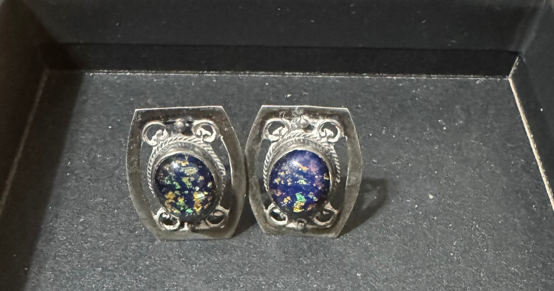 Vintage Mexico 925 Sterling Silver Black Fire Opal Screwback Clip On Earrings