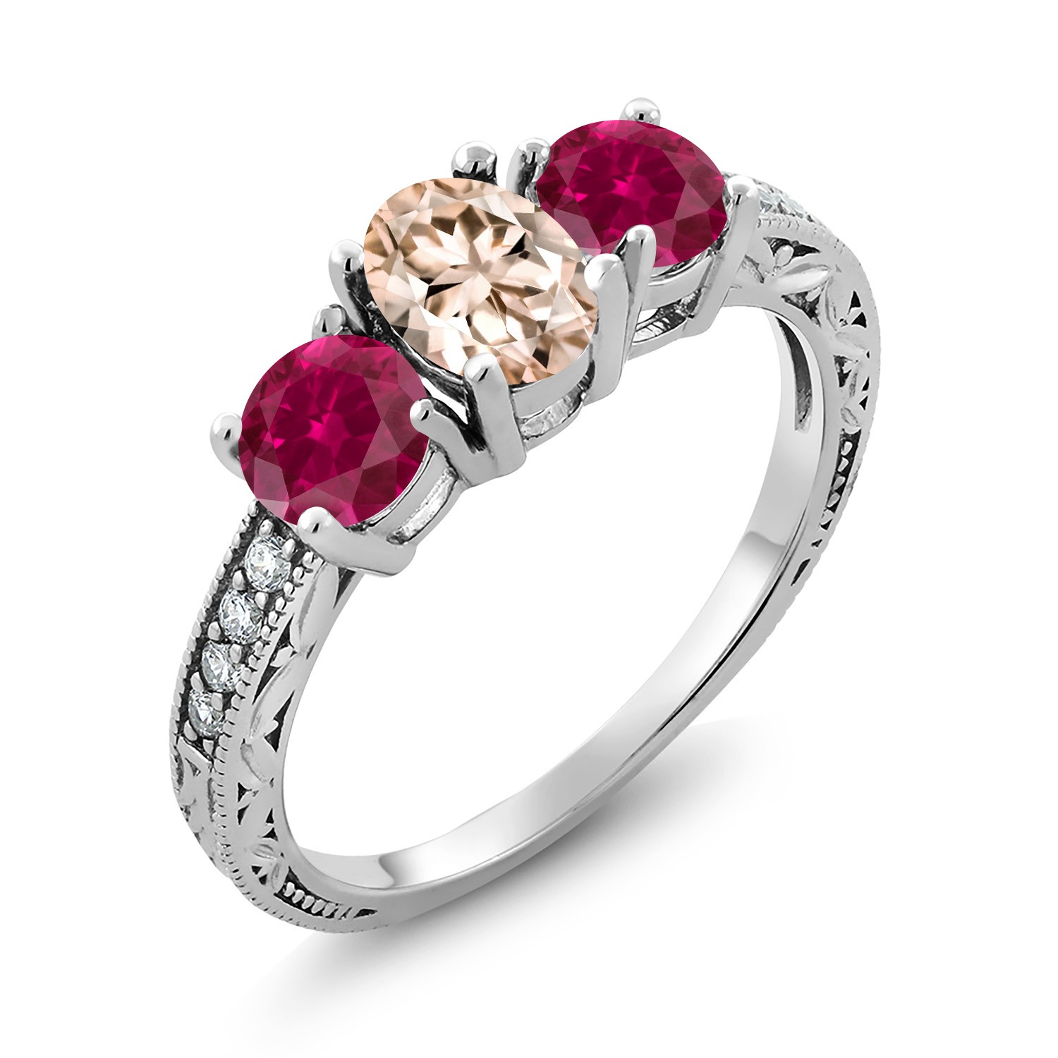 2.77 Ct Oval Peach Morganite Red Created Ruby 925 Sterling Silver Ring Set Set