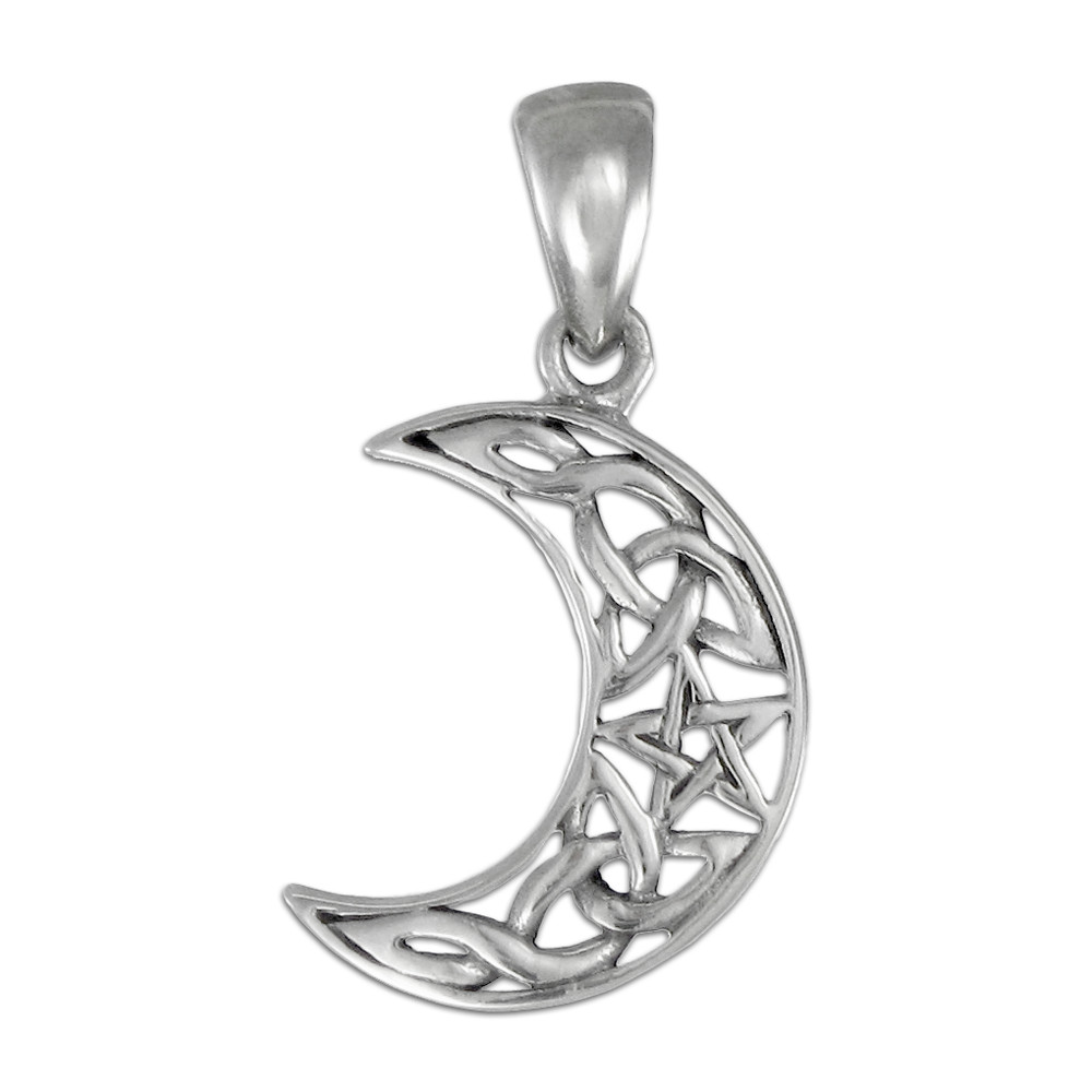 Sterling Silver Crescent Moon Pentacle Pendant – Goddess Wicca Pentagram Jewelry