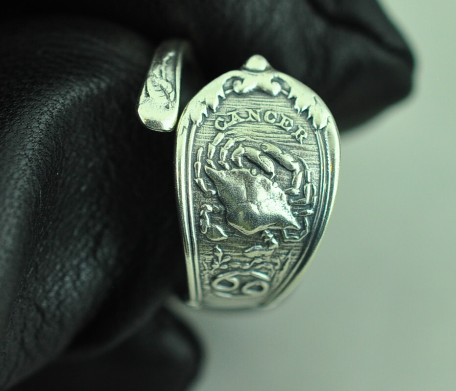 Solid 925 Sterling Silver Cancer Crab Zodiac Birthday Adjustable Spoon Ring