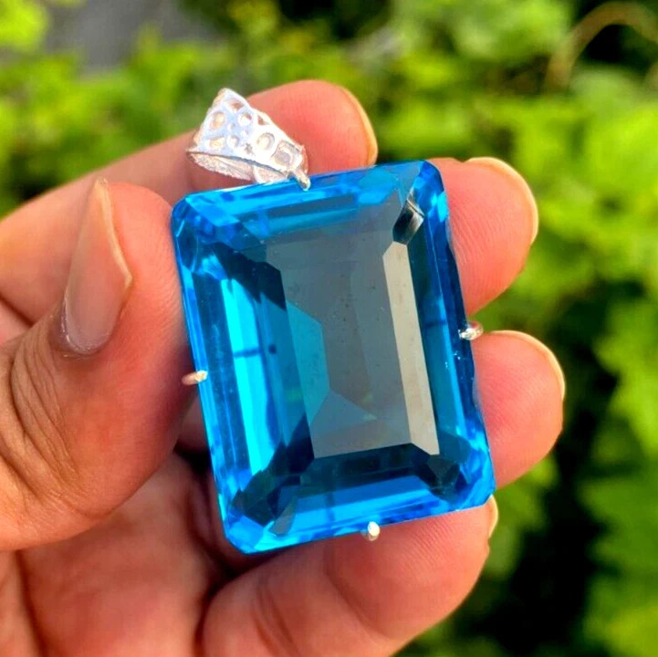 100 Ct+ Certified Natural Blue Emerald Topaz 925 Solid Silver Pendant Gemstone