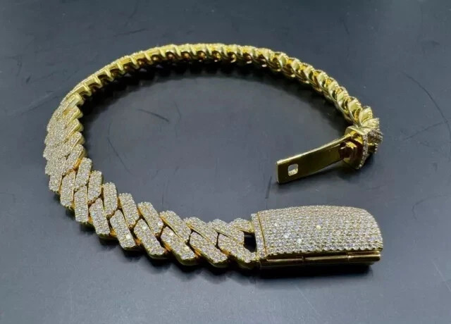 Solid 925 Sterling Silver & moissanite Iced Men’ Bracelet Yellow Gold Over 8.5″