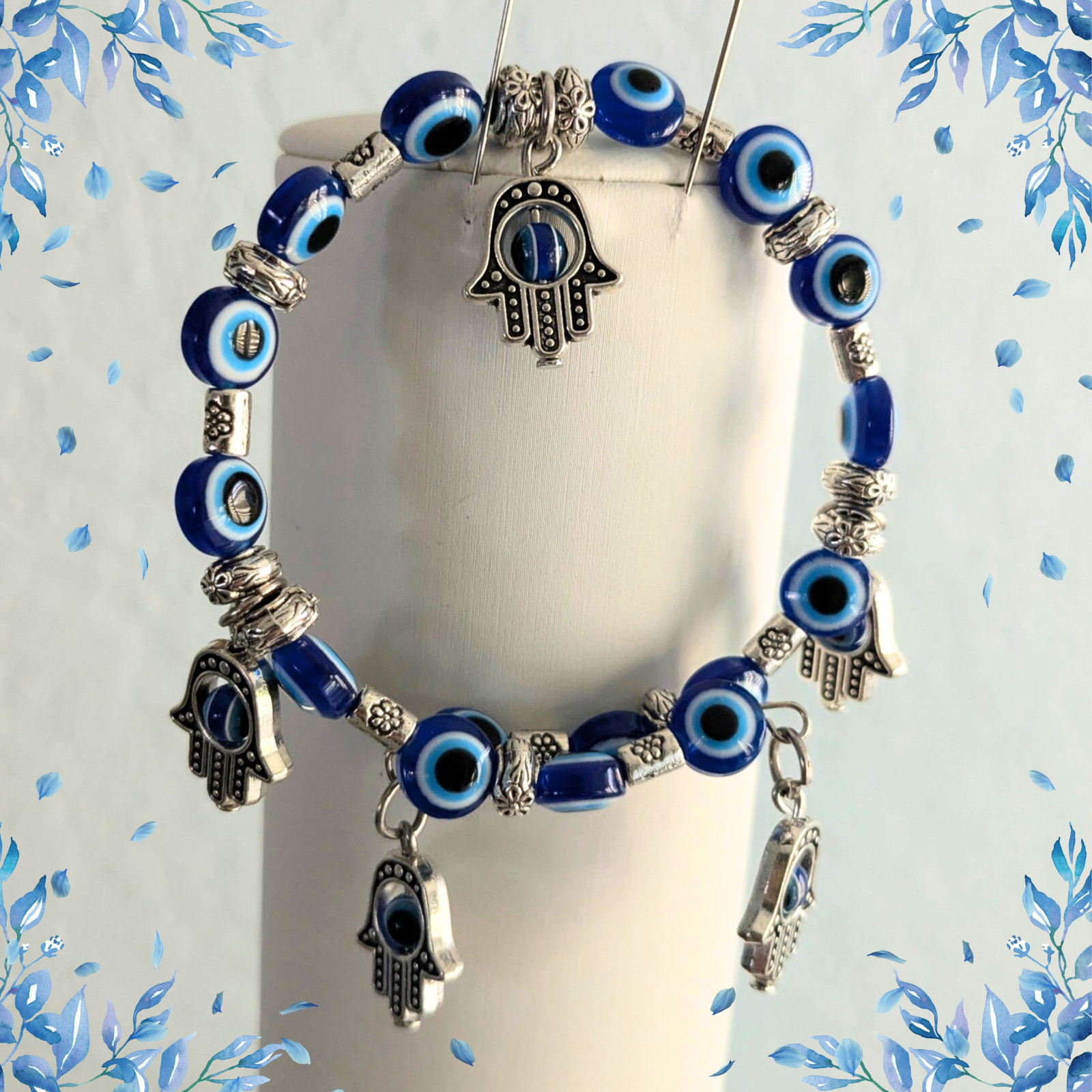 Memory Wire Evil Eye Bracelet with Hamsa Charms | One Size Fits All | Blue Evil