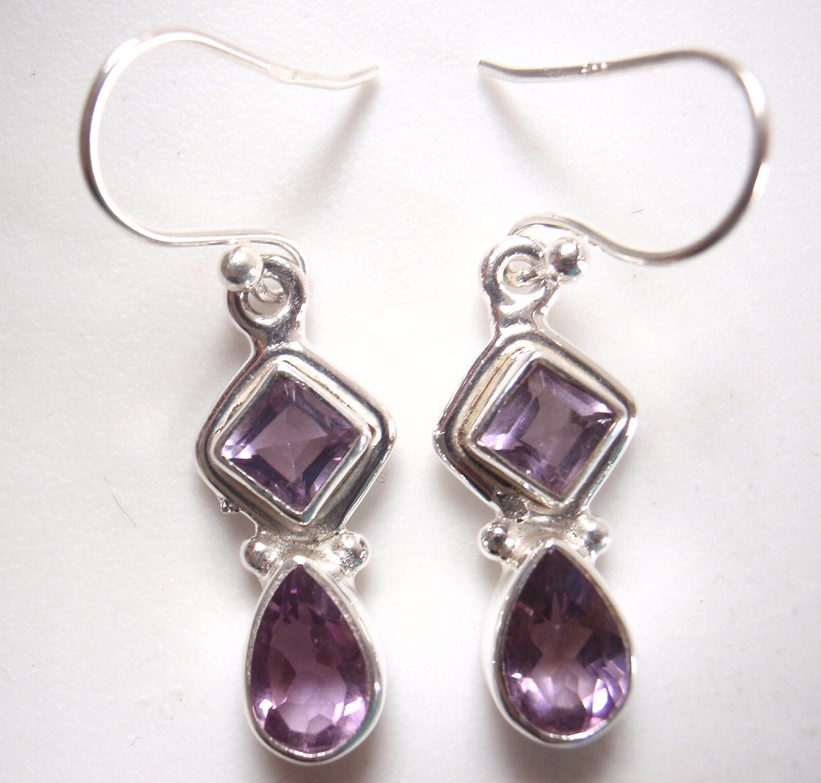 Small Faceted Amethyst Square 925 Sterling Silver Dangle Drop Earrings