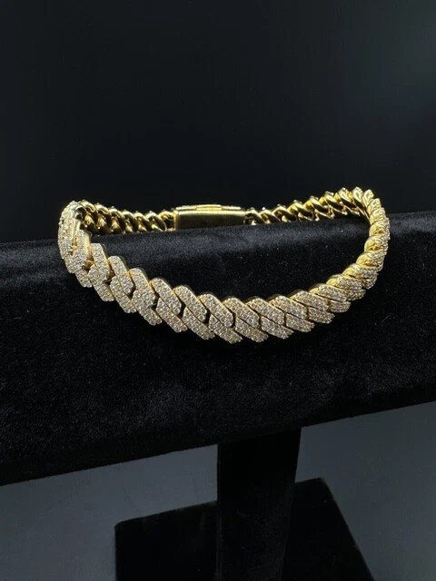Solid 925 Sterling Silver & moissanite Iced Men’ Bracelet Yellow Gold Over 8.5″
