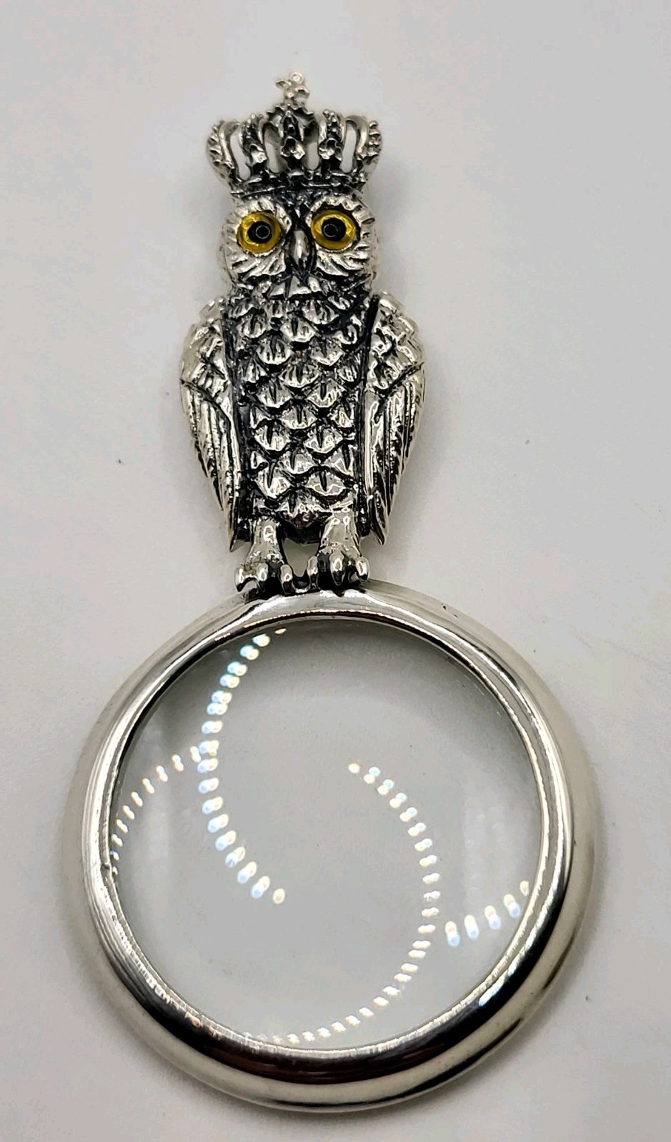 Crowned Big Eyed Owl Bird Sterling Magnifying Glass Lorgnette Loupe Pendant NEW