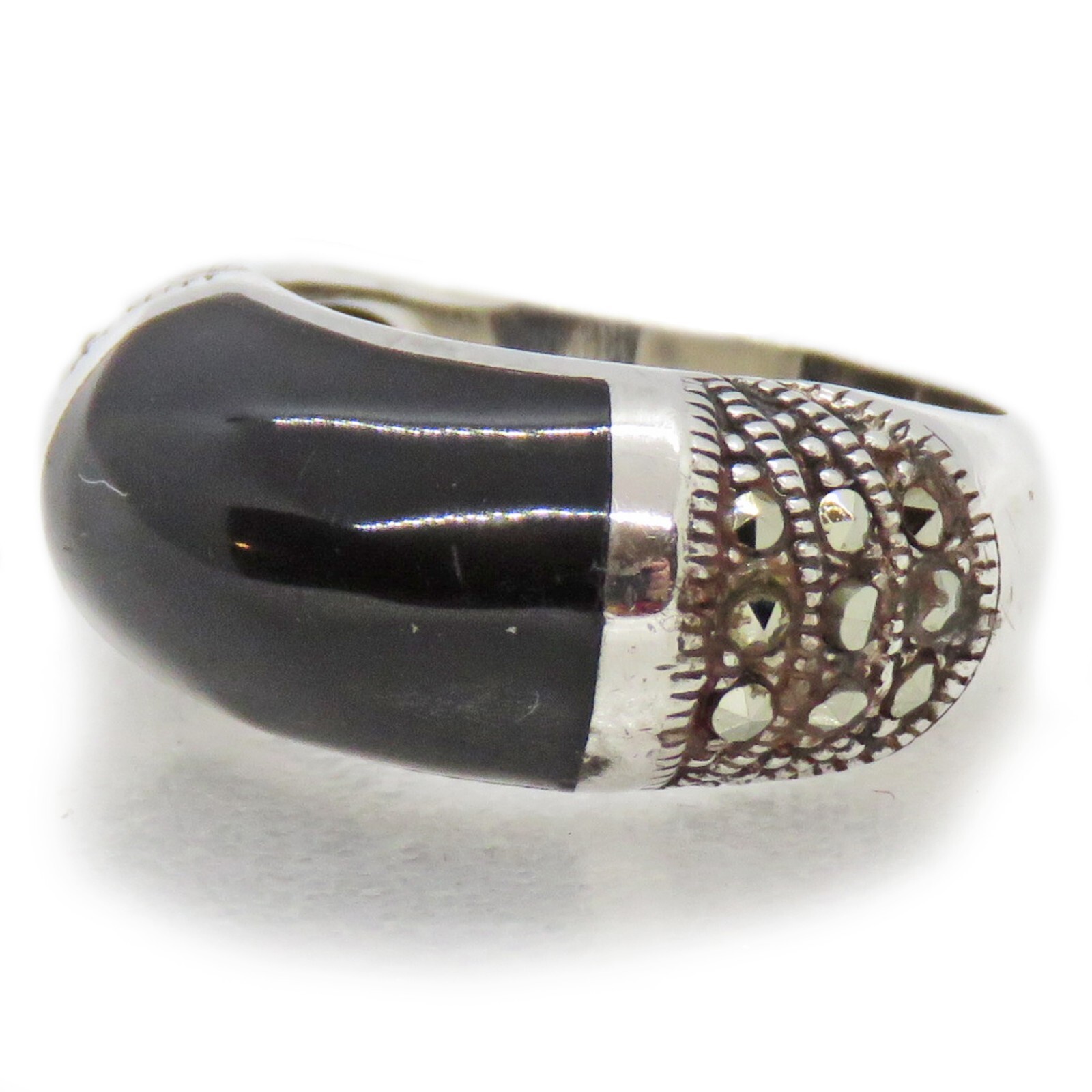 Awesome Size 5 Sterling Silver Black Acrylic and Marcasite Ring