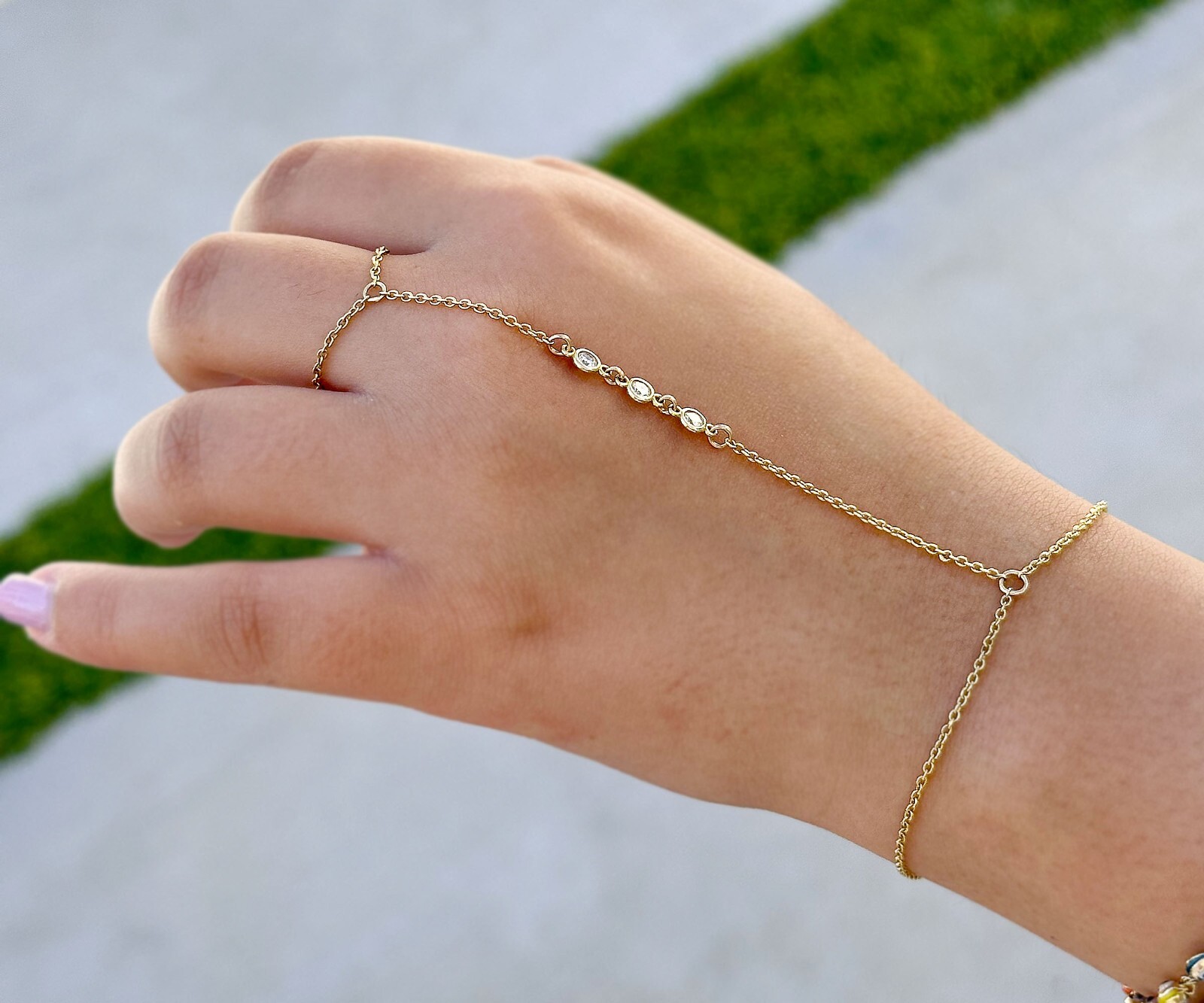 Finger Bracelet Lab Diamond Ring Bracelet Chain Bracelet 14K Yellow Gold 0.30ctw