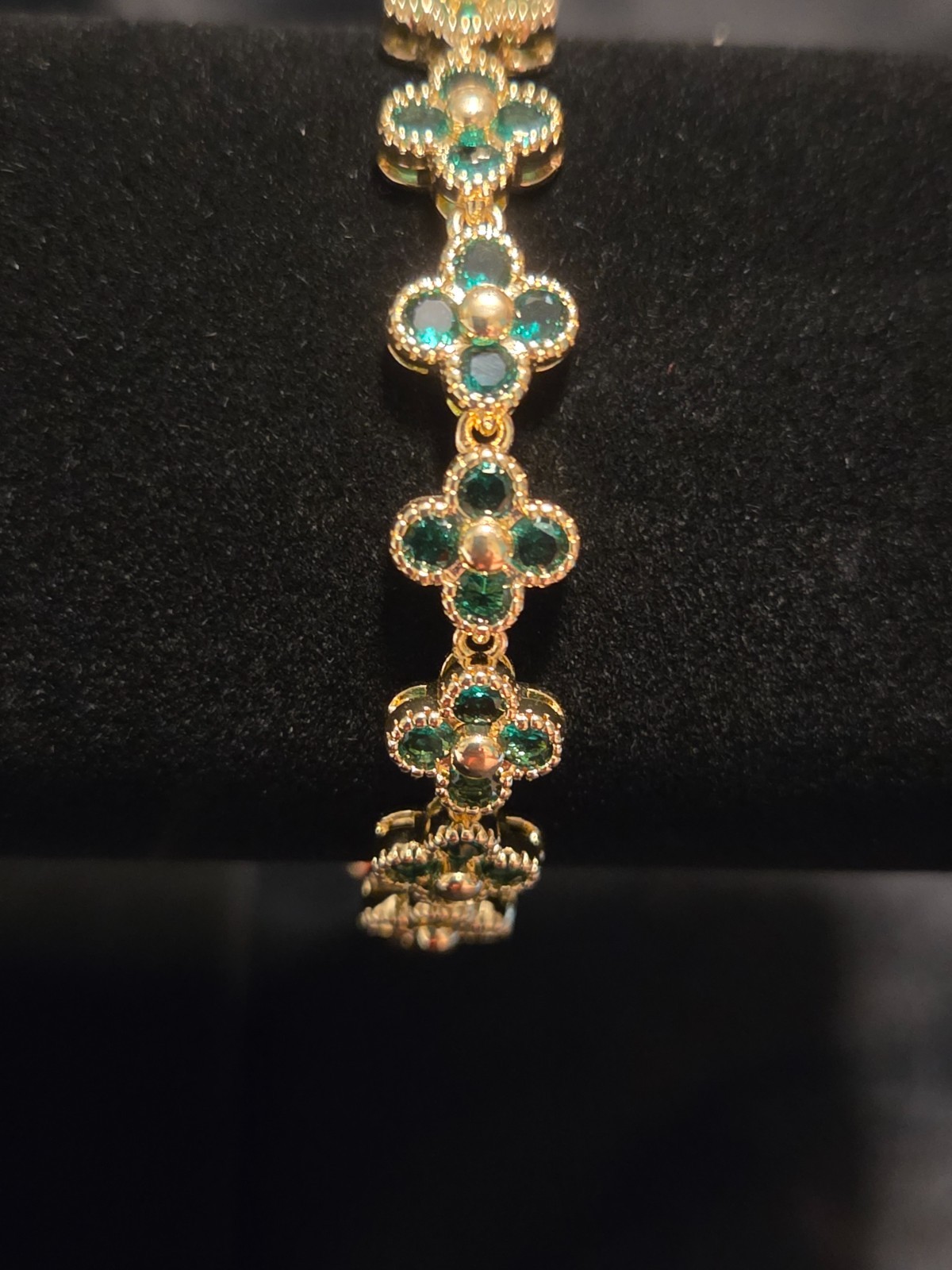 14k yellow gold filled Link bracelet with emerald green stones and lock clasp