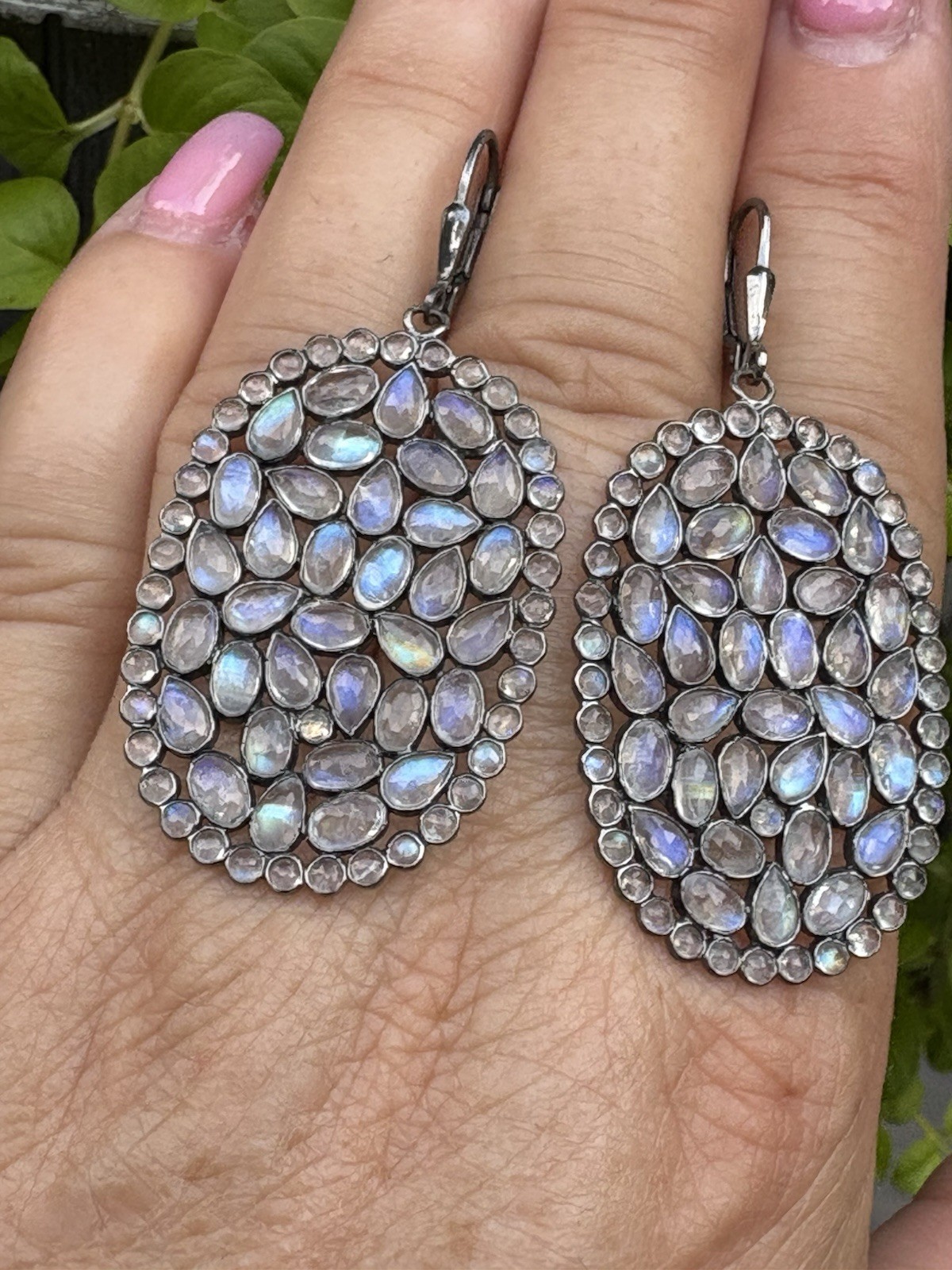 HSN Black Rhodium Sterling Silver Rainbow Moonstone Multi Cut Drop Earrings