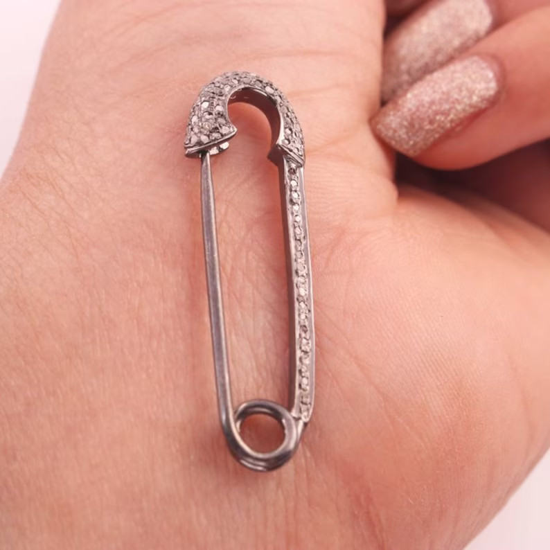 1Pc Pave Diamond 925 Sterling Silver Antique Designer Safety Pin 37mmx9mm