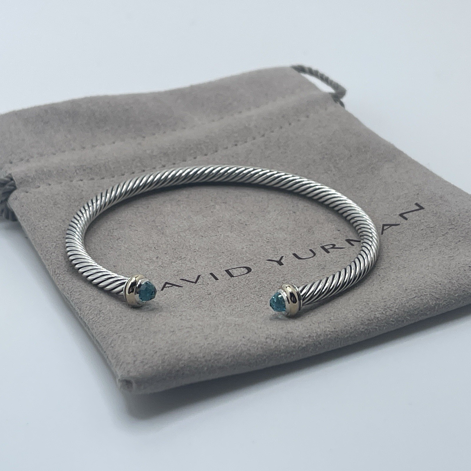 David Yurman 4mm Cable Sterling Silver Blue Topaz and 18K Yellow Gold Bracelet