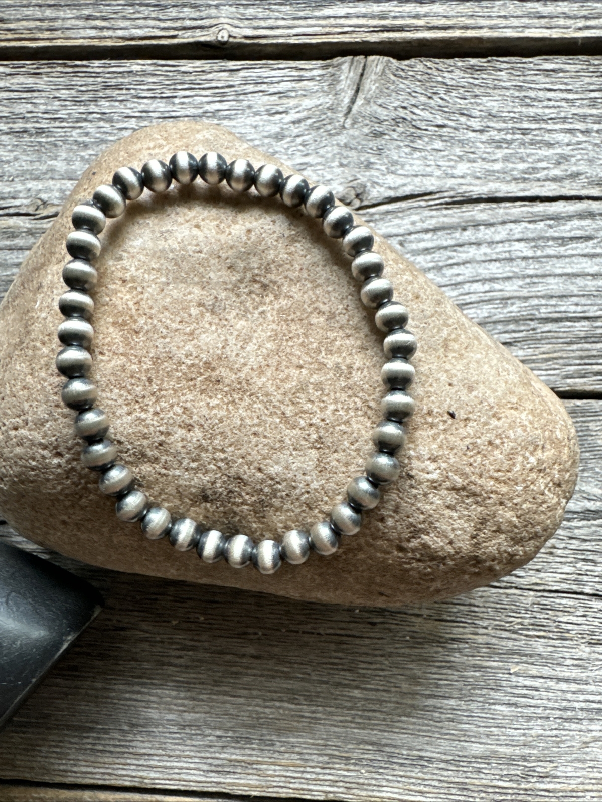 5mm 7 Inch Stretch Sterling Silver Oxidized Pearls Bead Bracelet Southwestern