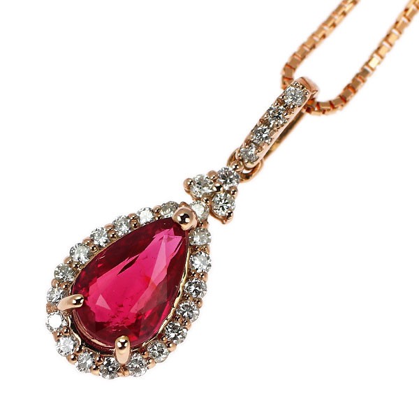 K18PG Unheated Pear Shape Ruby Diamond Pendant Necklace 0.954ct D0.15ct – Auth f
