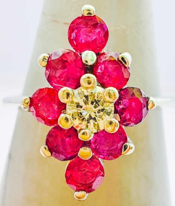14K White Gold Ruby & Diamond Cluster Ring • 1.37ct t.w. • Size 6 • 3.31g Estate