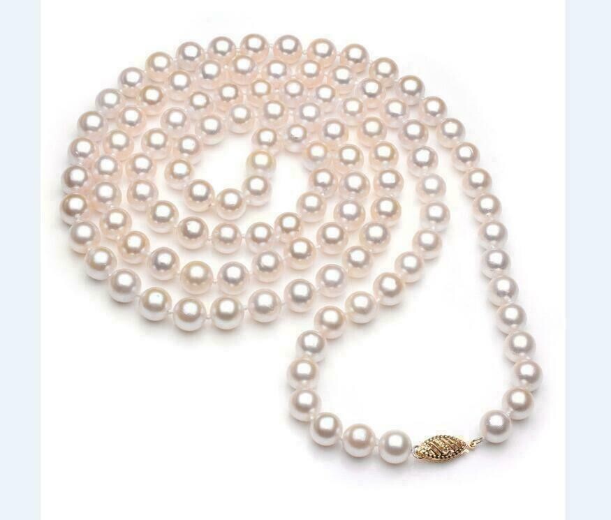 Beautiful AAA 7-8mm Akoya White Pearl Necklace 14k Gold Buckle 36 inches