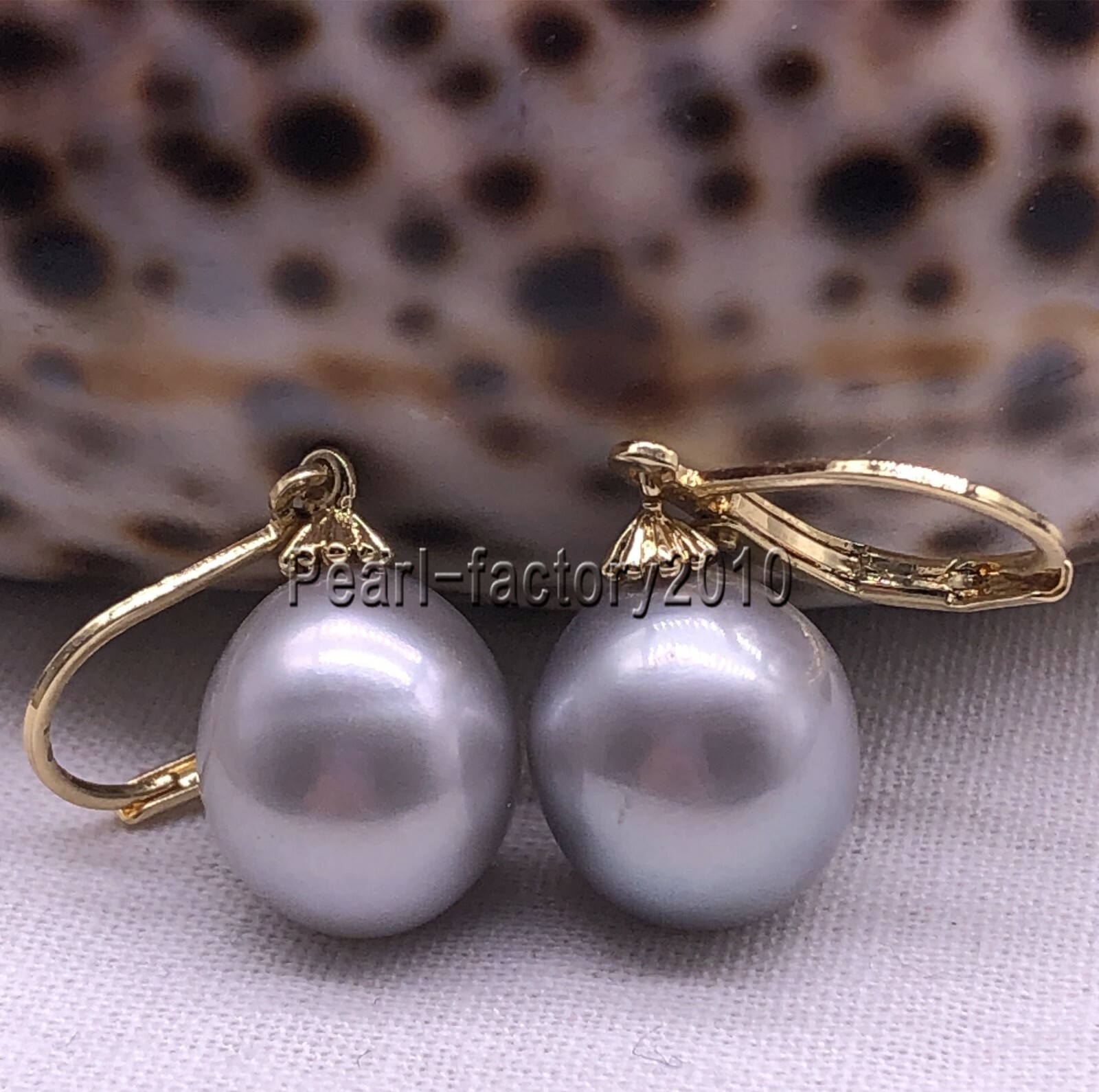 Gray AAA natural 9-10MM south sea pearl earrings 14K GOLD Full drill