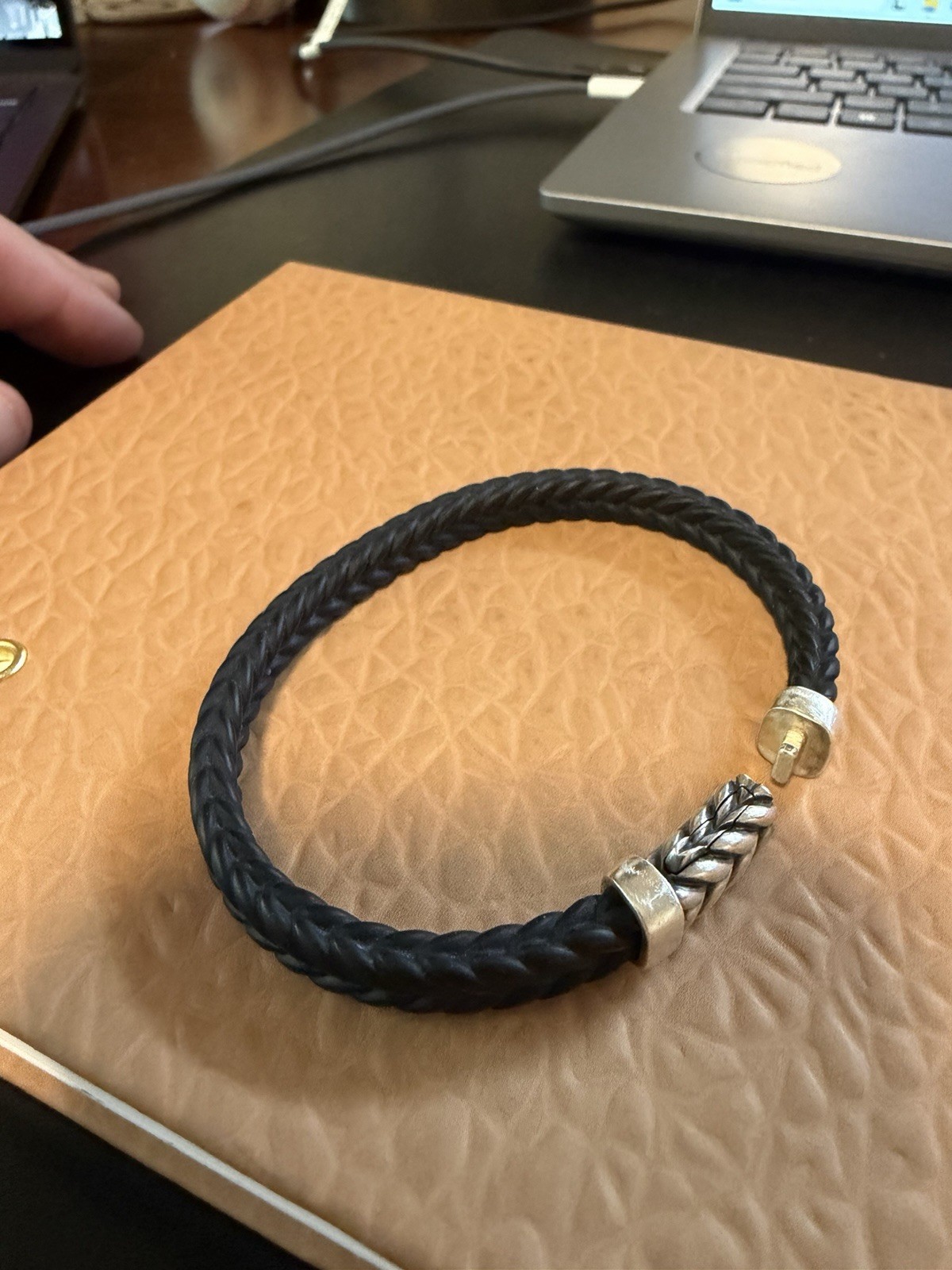 David Yurman Black Chevron Leather Bracelet .925 Sterling Silver