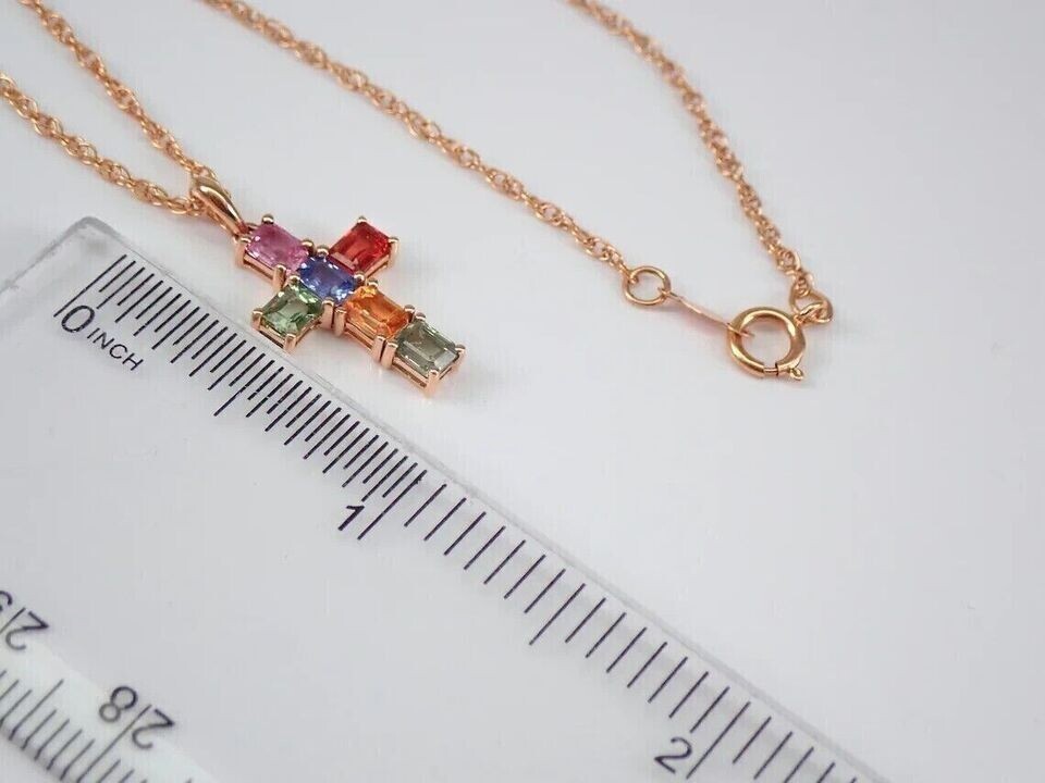 1.50Ct Emerald Cut Lab Created Multi Color Cross Pendant 14K Rose Gold Plated