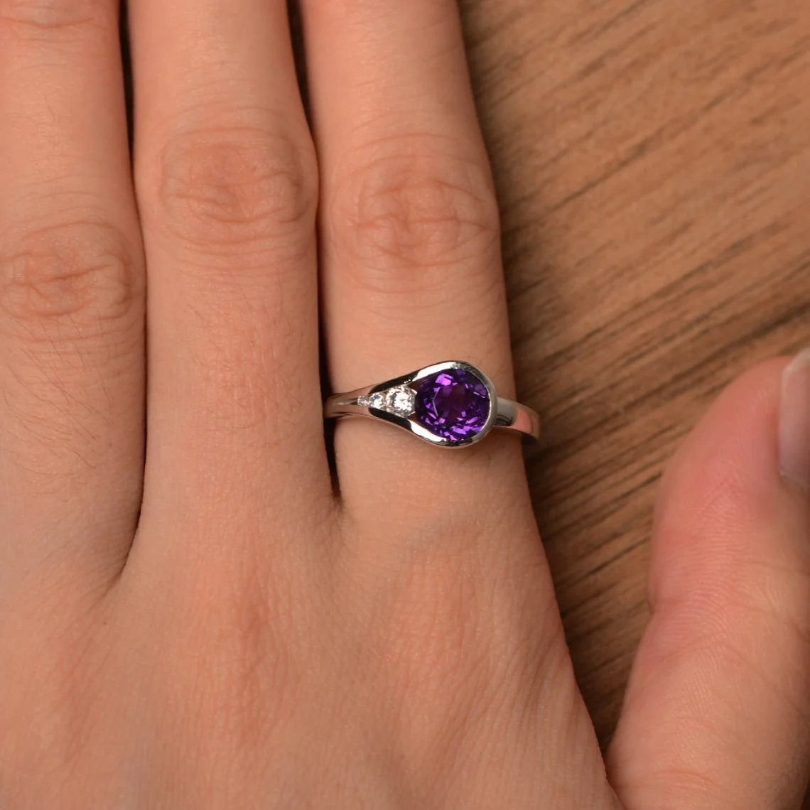 925 Sterling Silver Amethyst Gemstone Modern Bezel Women Ring Duty Free