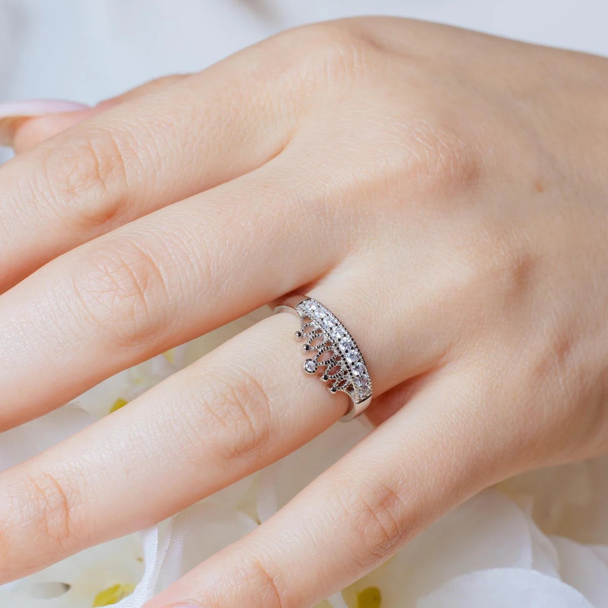 Sterling Silver 925 Rhodium Plated Tiara Ring with CZ