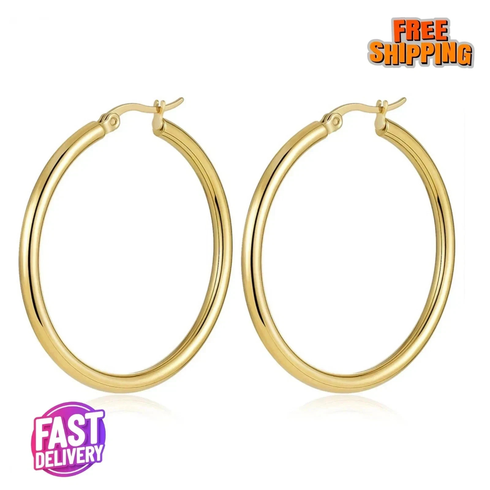 14K Solid Yellow Gold Hoop Earrings Polished Round Creole Hoops Multiple Sizes