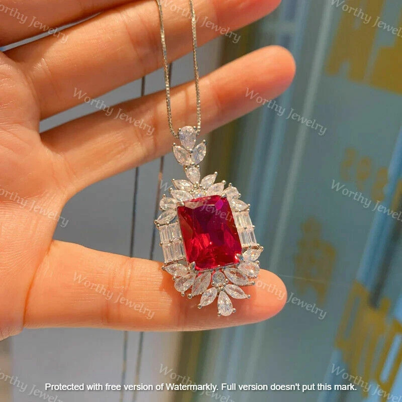 4Ct Radiant Cut Red Ruby Diamond Halo Pendant 14K White Gold Finish Free Chain
