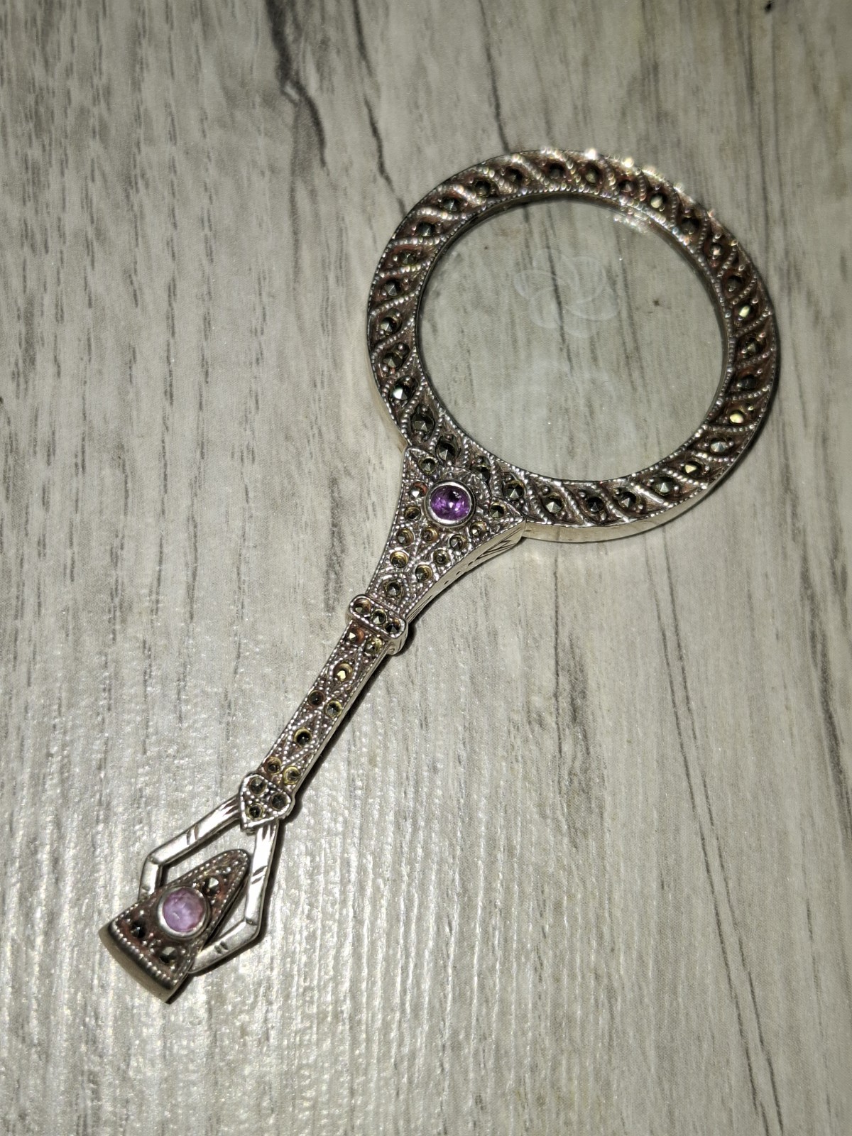 Vintage Sterling Silver Marcasite Garnet Magnifier Glass Pendant