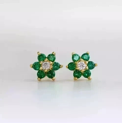 2.20Ct Round Cut Emerald Natural Flower Stud Earrings 14K Yellow Gold Plated