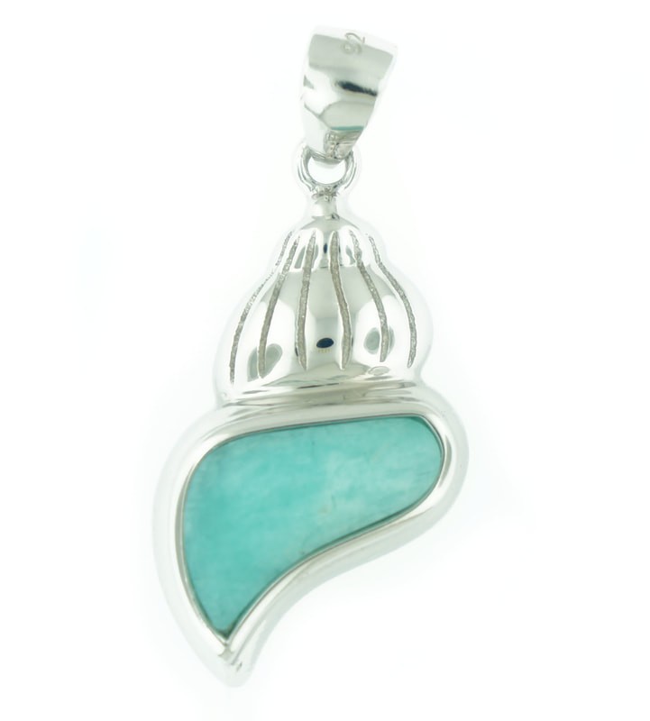 15MM RHODIUM 925 STER SILVER AMAZONITE HAWAIIAN TRITON’S TRUMPET SHELL PENDANT