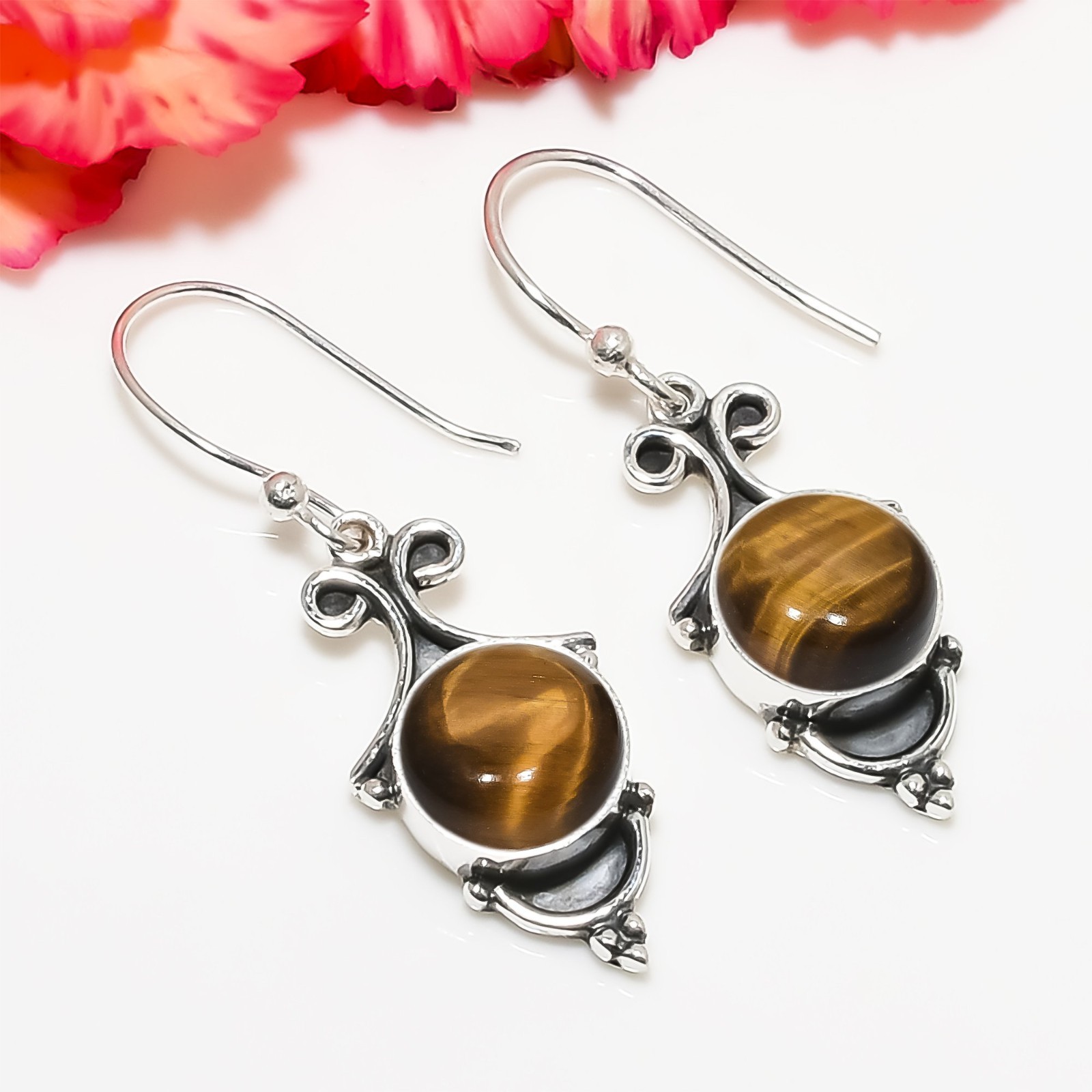 Natural Tiger’s Eye 925 Sterling Silver Dangle Drop Gift Earrings “Cabochon Cut”