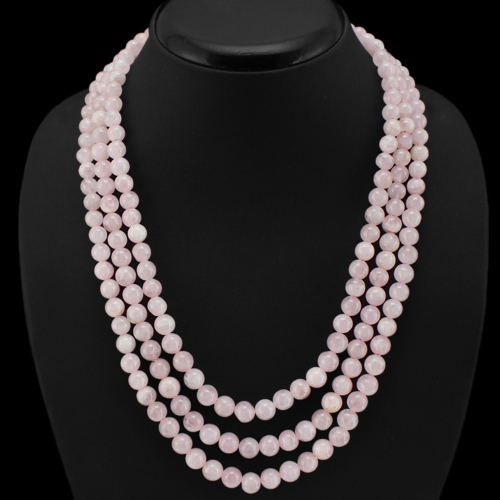 FAVOURITE 519.00 CTS NATURAL 3 LINE PINK ROSE QUARTZ ROUND BEADS NECKLACE (DG)