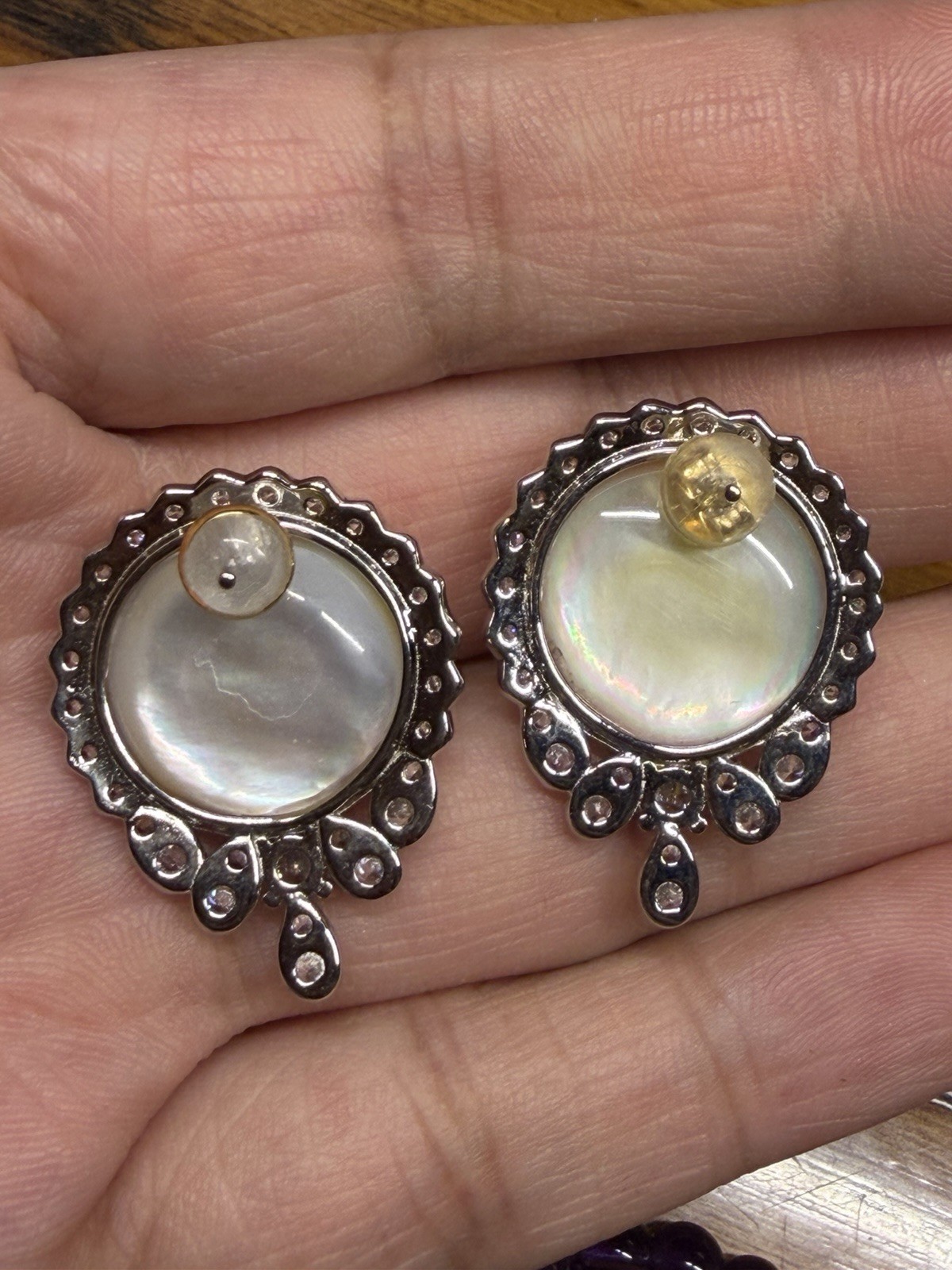 925 Sterling Silver White Gold Plated Mabe Pearl Halo Stud Earrings