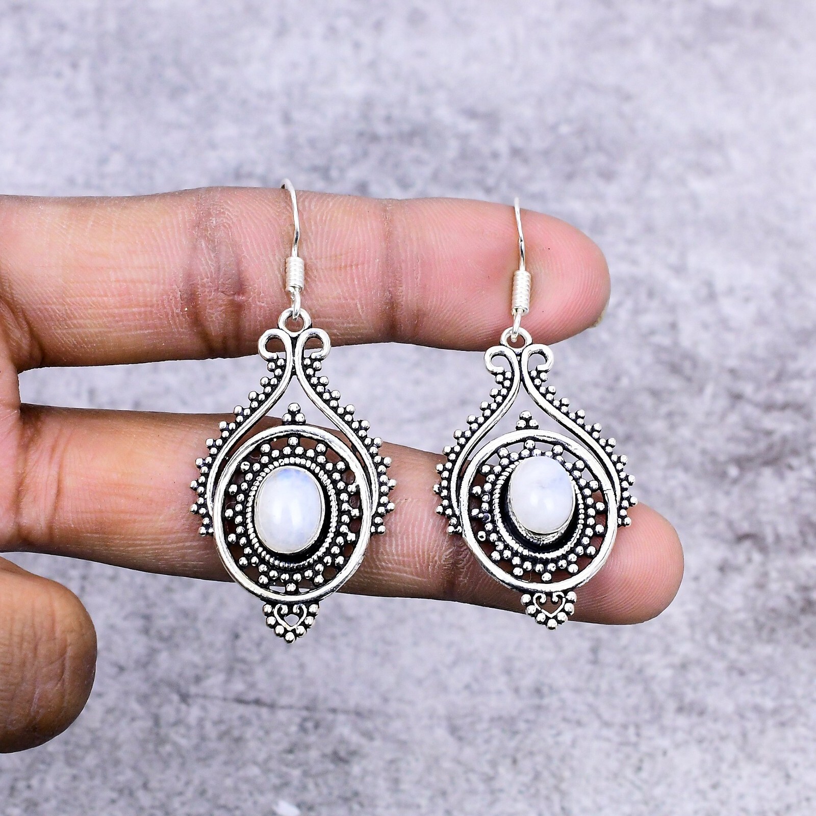 Rainbow Moonstone Gemstone Handmade 925 Sterling Silver Earring Jewelry 2.1in”