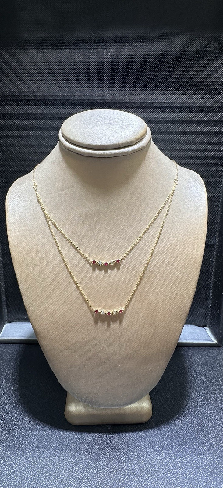 14K Yellow Gold Station Necklace with Red & Clear Stones