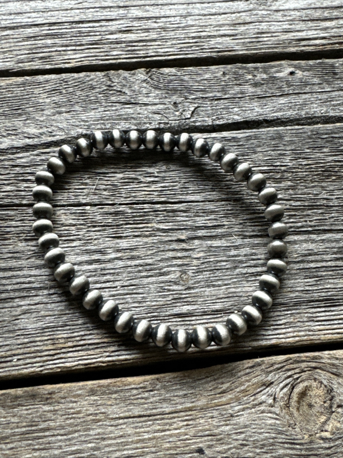 5mm 7 Inch Stretch Sterling Silver Oxidized Pearls Bead Bracelet Southwestern