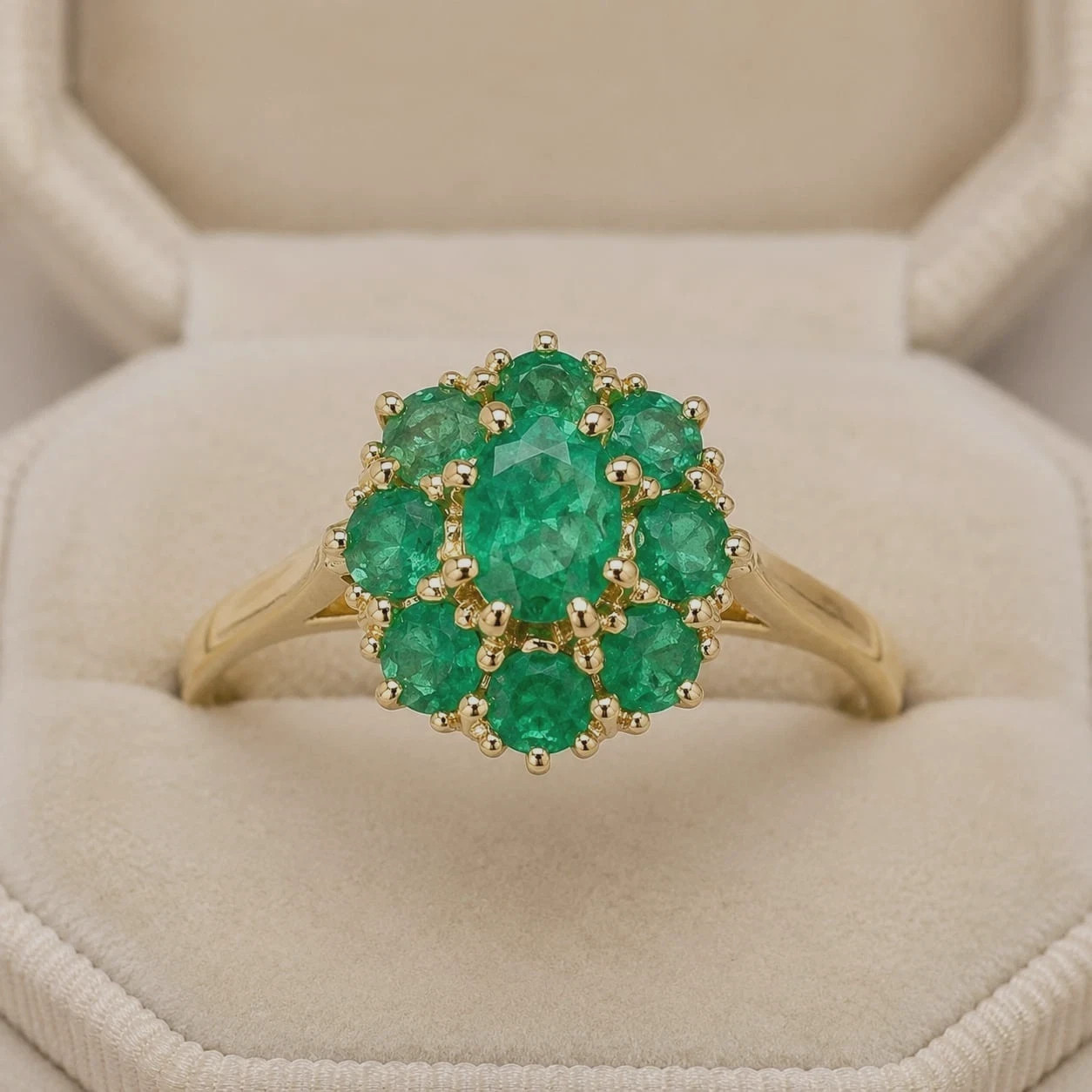 Antique Style Cluster Flower Ring 2.50Ct Oval Cut Emerald 14K Yellow Gold Plated