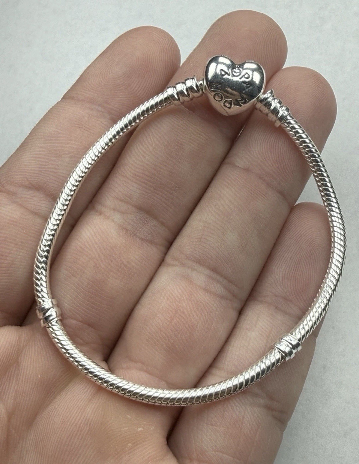 Authentic Pandora Sterling Moments Snake Chain 7.75” Bracelet Heart Clasp