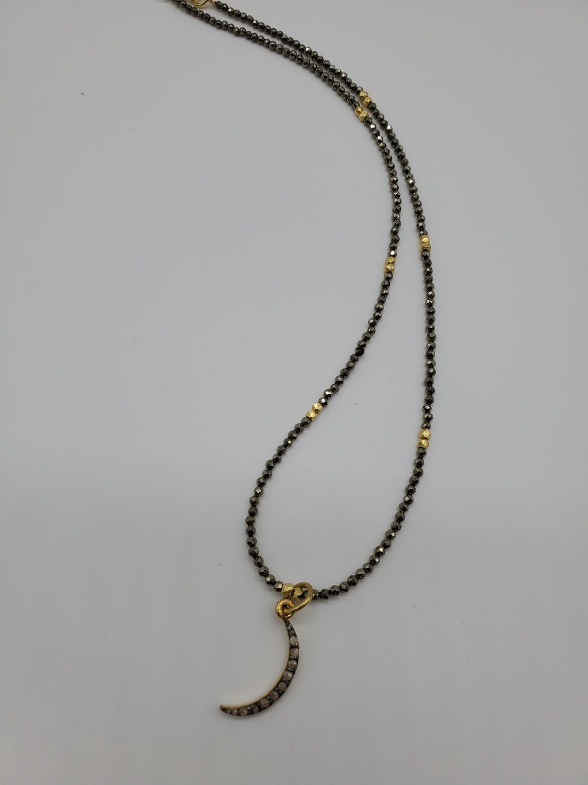 hand beaded pyrite and Vermeil necklace with rose cut diamond Moon pendant