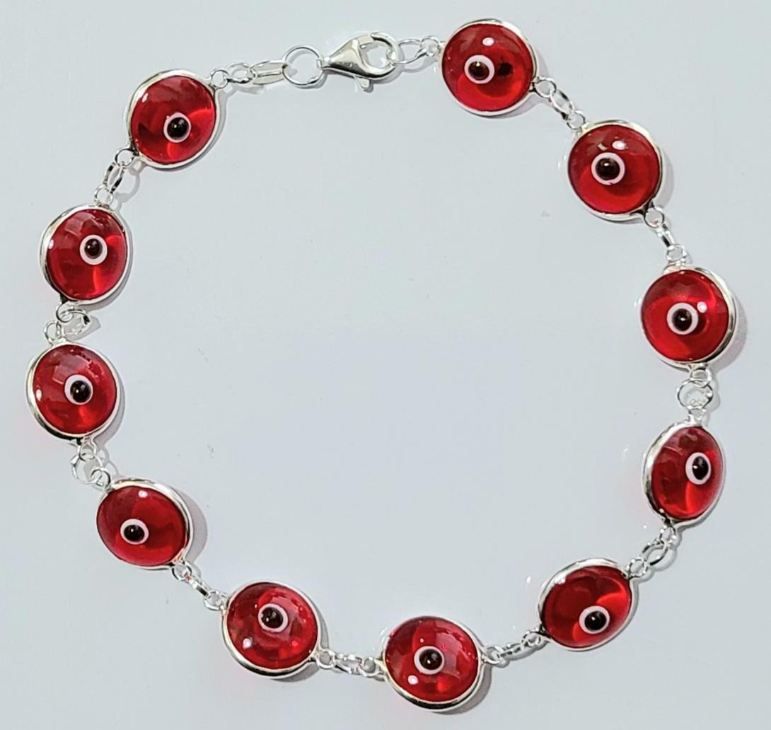 Evil Eye Bracelet 7.5 inch Long 925 Sterling Silver Translucent Red Eyes # 24
